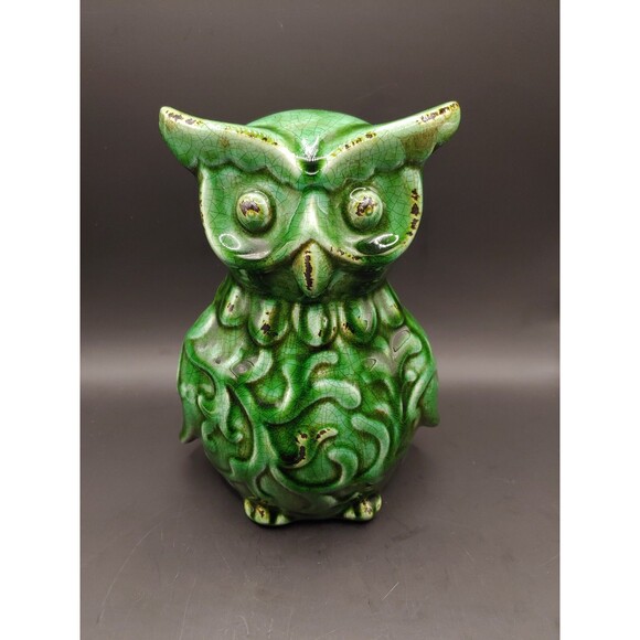 Green Ceramic Owl Figurine With Faux Crazing & Distressed Age - Picture 1 of 6
